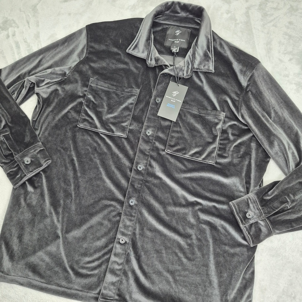 NWT Shaquille O'Neal Mens 2XL Gray Brushed Sha'Qket Velvet Button Down Shirt XXL